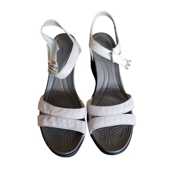 Crocs Women's Leigh II Sandals Size 10 Beige Canvas Wedge Heel Ankle Strap Beach - Picture 5 of 11